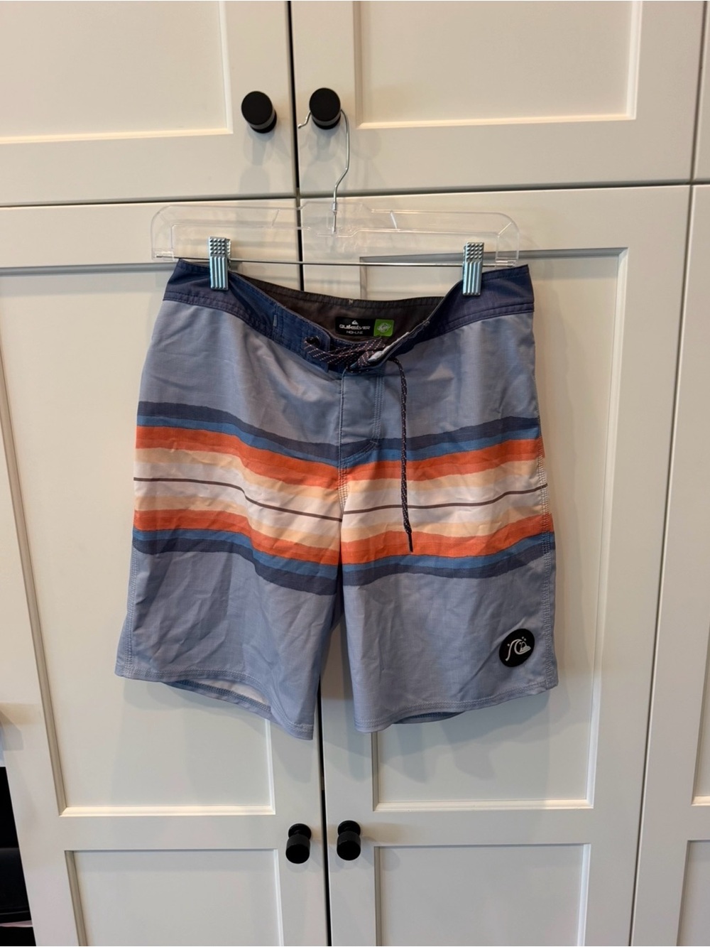 Quiksilver Men’s Light Blue Stripe Board Shorts with Orange Accents